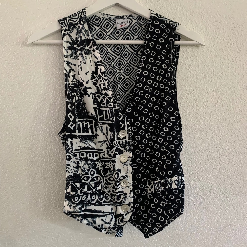 Vintage Essentials Sport Black White Mixed Geometric Print Vest Small USA Made